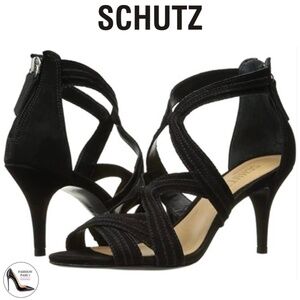 Schutz Cayenne Black Suede Stiletto Heel Pump Ankle Strap Dtress Shoe Sandals 10